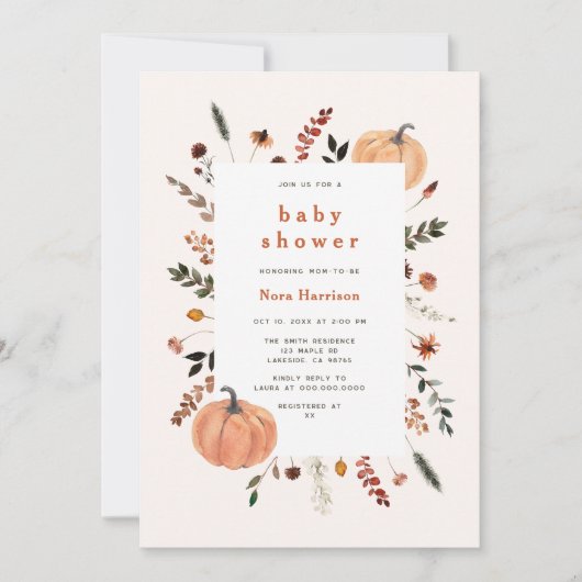 Niedlich Fall Floral Frame Pumpkin Baby Dusche Einladung (Vorderseite)