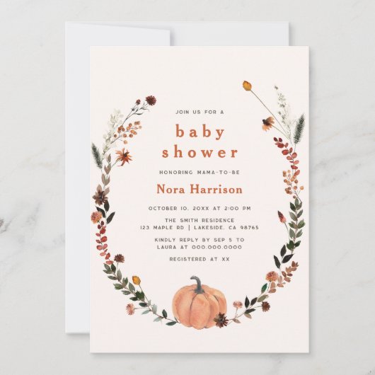 Niedlich Fall Floral Pumpkin Wreath Baby Dusche Einladung (Vorderseite)