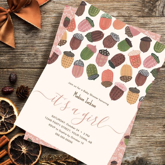 Niedlich Fall Pink Acorns Mädchen Dusche Party Einladung
