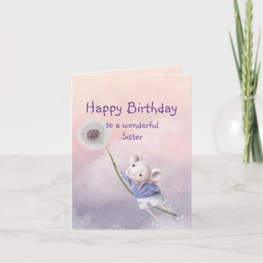 Niedlich Fantasy Birthday Sister Mouse Dandelion Karte (Vorderseite)