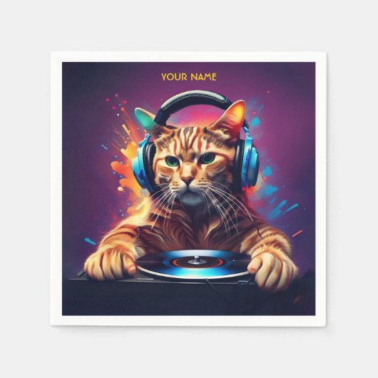 Niedlich Fantasy Cat DJ Vinyl Serviette (Vorderseite)