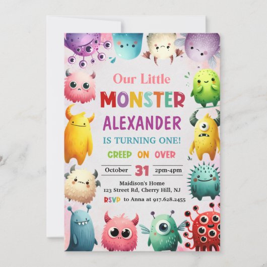 Niedlich farbenfroh unser kleines Monster 1. Gebur Einladung (Vorderseite)