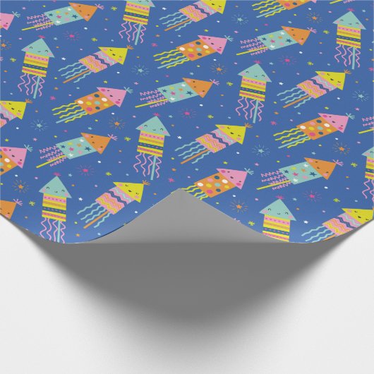 Niedlich-farbige Silvesterfeuerwerke blau Geschenkpapier (Ecke)
