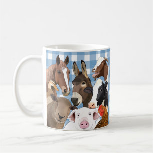 Niedlich Farm Animal Portrait Gingham Karo - Blau Kaffeetasse