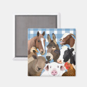 Niedlich Farm Animal Portrait Gingham Karo - Blau Magnet (Vorderseite/Rückseite)