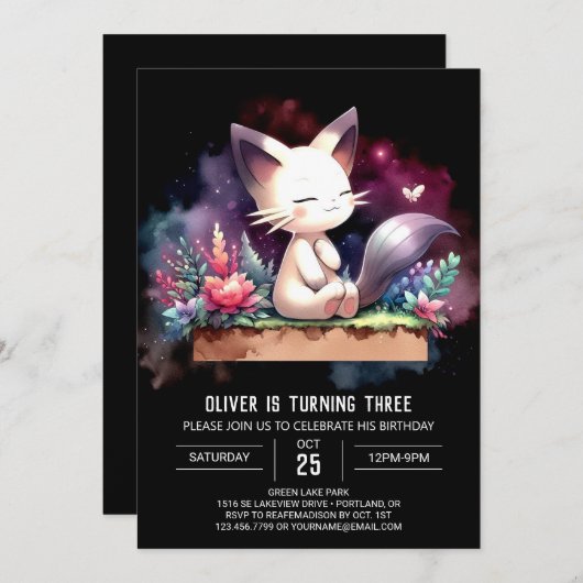 Niedlich Feline Cat Geburtstag Einladung (Vorne/Hinten)