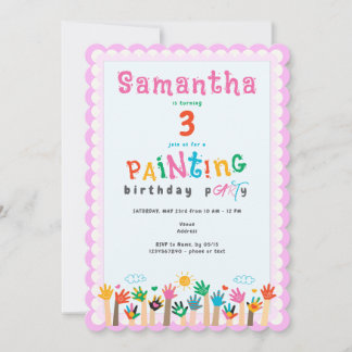 Niedlich Finger Malerei Pink Girl Art Geburtstagsp Einladung