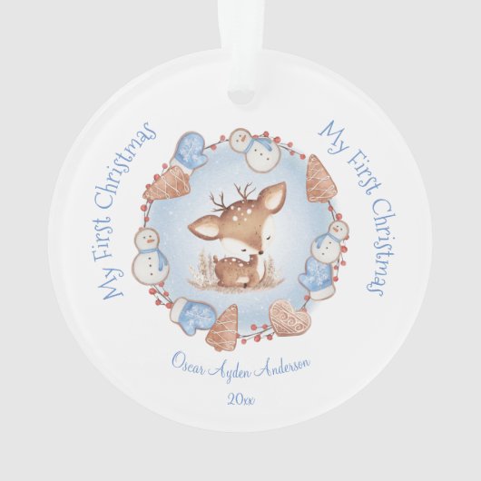 Niedlich First Christmas Ornament Boy Blauer Name (Rückseite)