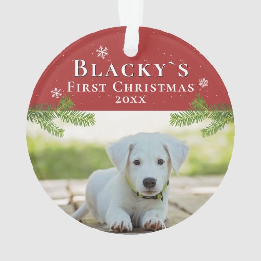 Niedlich First Christmas Welppy Red Christmas Foto Ornament (Rückseite)