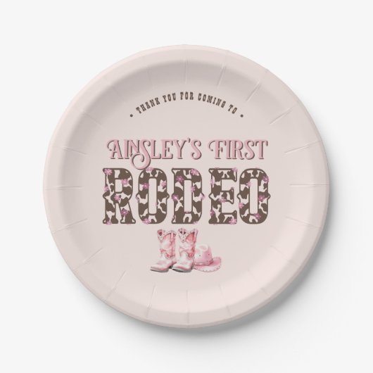 Niedlich First Rodeo Rosa Personalisiert 1. Geburt Pappteller (Vorderseite)