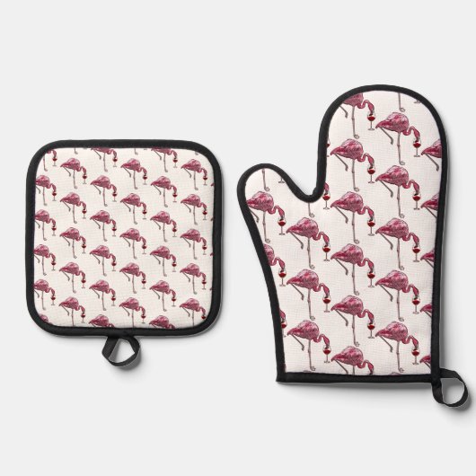 Niedlich Flamingo Wine Drinker Muster Ofenhandschuh & Topflappen-Set (Vorderseite)