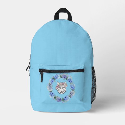 Niedlich Floral Blue Hydrangea Wolf Backpack Blau Bedruckter Rucksack (Vorderseite)