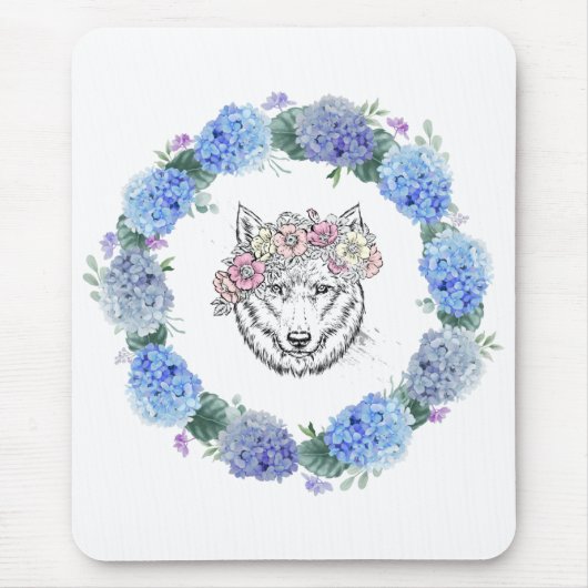 Niedlich Floral Blue Hydrangea Wolf Mousepad (Vorne)