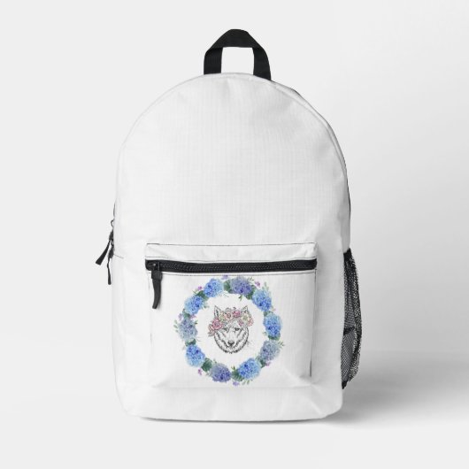 Niedlich Floral Blue Hydrangea Wolf Rucksack Weiß (Vorderseite)