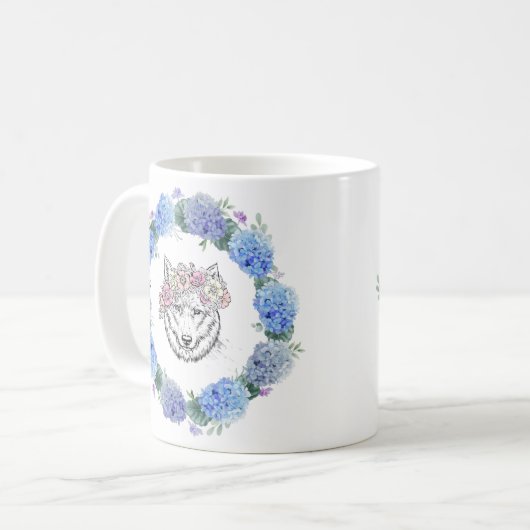 Niedlich Floral Blue Hydrangea Wolf Tasse (Vorderseite Links)