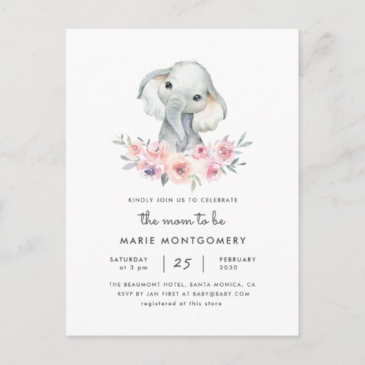 Niedlich Floral Bouquet Elephant Baby Girl Babydus Einladungspostkarte (Vorderseite)