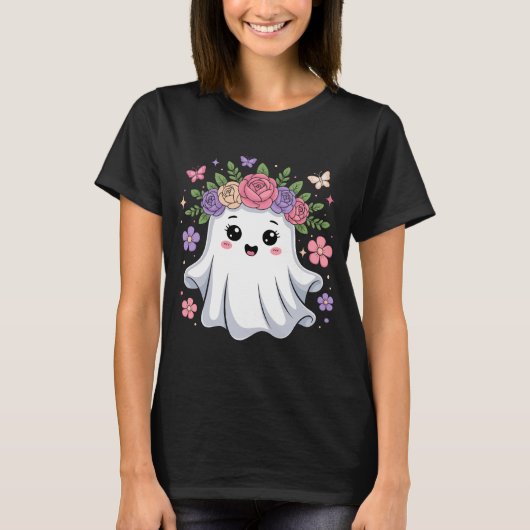 Niedlich Floral Ghost Kawaii Halloween Ghost T-Shirt (Vorderseite)
