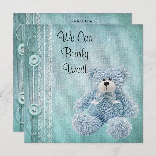 Niedlich Fluffy Blue Teddy Baby Dusche Einladung (Vorne/Hinten)