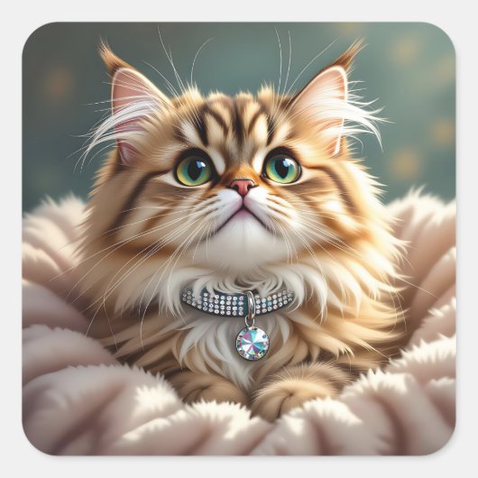 Niedlich Fluffy Cat | Leer Quadratischer Aufkleber (Vorderseite)