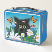 Niedlich Fluffy Kitten in Daisy Meadow Metall Brotdose (Vorderseite)