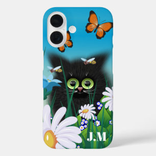 Niedlich Fluffy Kitten in Daisy Meadow Monogram iPhone 16 Hülle