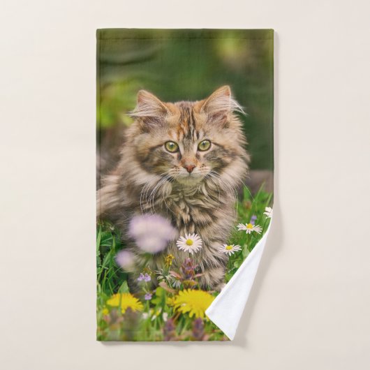 Niedlich Fluffy Maine Coon Kitten Katze in Blume F Badhandtuch Set (Handtuch)