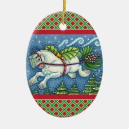 NIEDLICH FLYING CHRISTMAS PONY PULLING PINECONE SC KERAMIK ORNAMENT