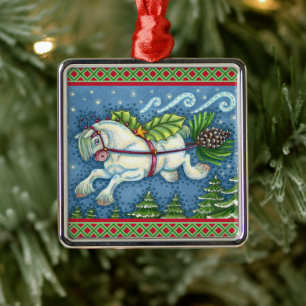 NIEDLICH FLYING CHRISTMAS PONY PULLING PINECONE SC ORNAMENT AUS METALL