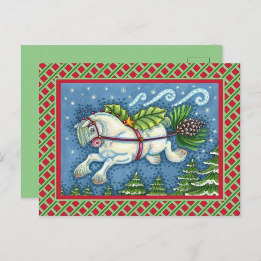 NIEDLICH FLYING CHRISTMAS PONY PULLING PINECONE SC POSTKARTE (Vorne/Hinten)