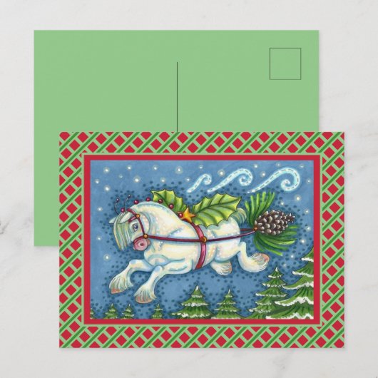 NIEDLICH FLYING CHRISTMAS PONY PULLING PINECONE SC POSTKARTE (Vorne/Hinten)