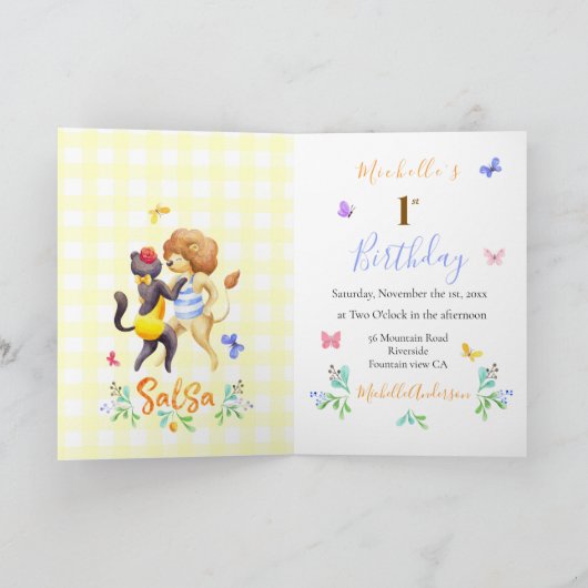 Niedlich Forest Lions tanzen Salsa Yellow Gingham Einladung (Innenseite)