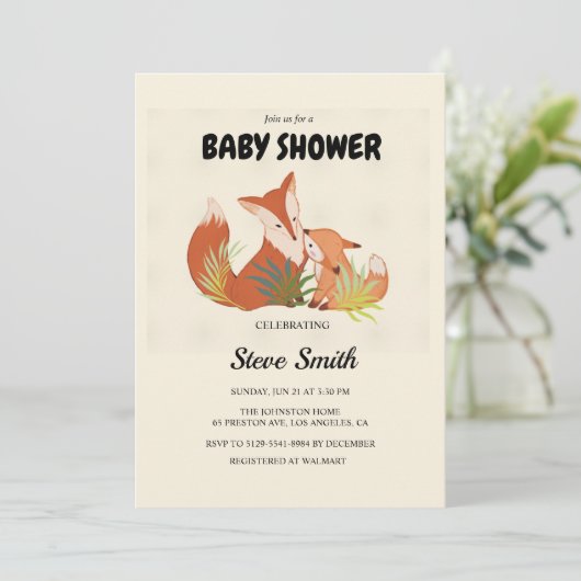 Niedlich Fox Baby Shower Einladung - Thema Holz (Stehend Vorderseite)