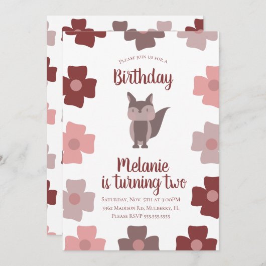 Niedlich Fox Blume Geburtstagsparty Einladung (Vorne/Hinten)