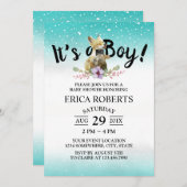 Niedlich Fox Boy Aquamarin Watercolor Kinderdusche Einladung (Vorne/Hinten)