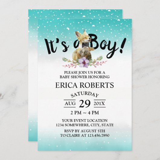 Niedlich Fox Boy Aquamarin Watercolor Kinderdusche Einladung (Vorne/Hinten)