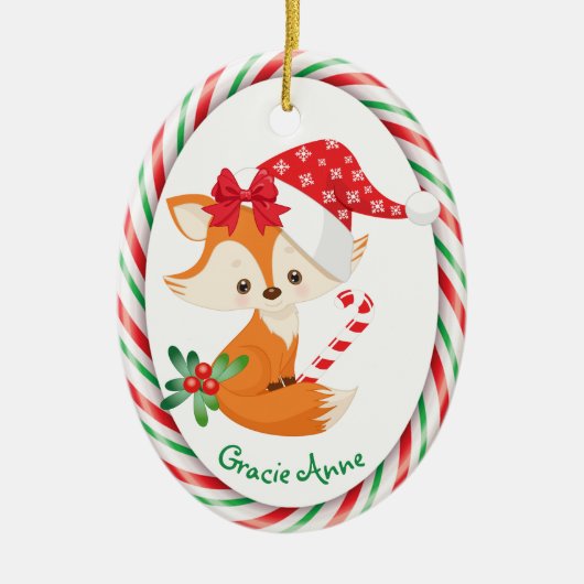 Niedlich Fox Candy Cane Frame Keramik Ornament (Vorne)