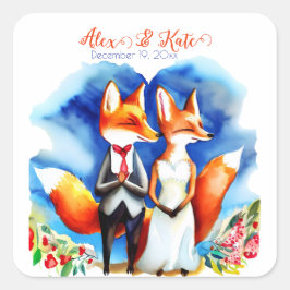 Niedlich Fox Couple | Romantische Hochzeit Quadratischer Aufkleber