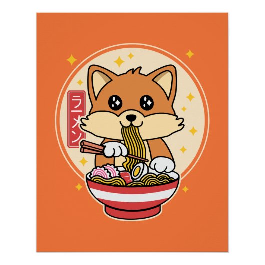 Niedlich Fox Eating Ramen Kawaii Japanisches Leben Poster (Vorderseite)