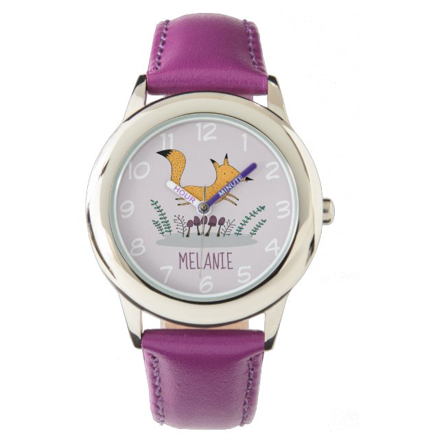 Niedlich Fox Illustration Kids Name Armbanduhr (Vorderseite)