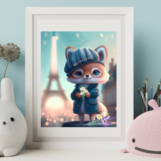 Niedlich Fox in Blue, Paris Eiffelturm Personalisi Poster