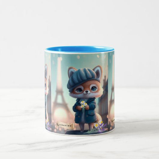 Niedlich Fox in Blue, Paris Eiffelturm Personalisi Zweifarbige Tasse (Mittel)