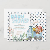 Niedlich Fox in Train Polka dots Blue Baby Dusche Einladungspostkarte (Vorne/Hinten)