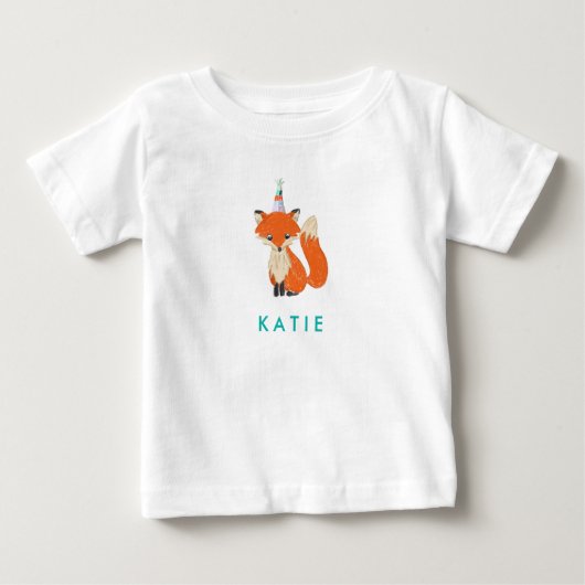 Niedlich Fox Party Hat Woodland Personalisiert Nam Baby T-shirt (Vorderseite)