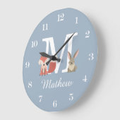 Niedlich Fox und Rabbit Baby Boy Monogram Blue Große Wanduhr (Winkel)