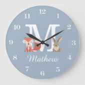 Niedlich Fox und Rabbit Baby Boy Monogram Blue Große Wanduhr (Vorderseite)