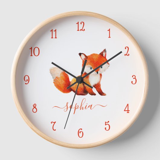 Niedlich Fox Wasserfarbe Rote Schrift Name des Kid Uhr (Vorderseite)