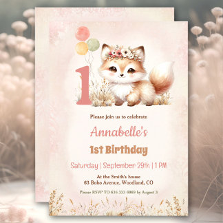 Niedlich Fox Woodland Boho Pastel Girl 1. Geburtst Einladung