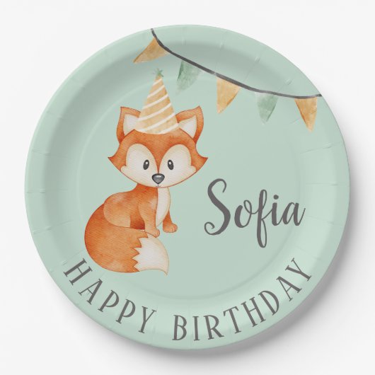 Niedlich Fox Woodland Party Happy Birthday Mint Pappteller (Vorderseite)