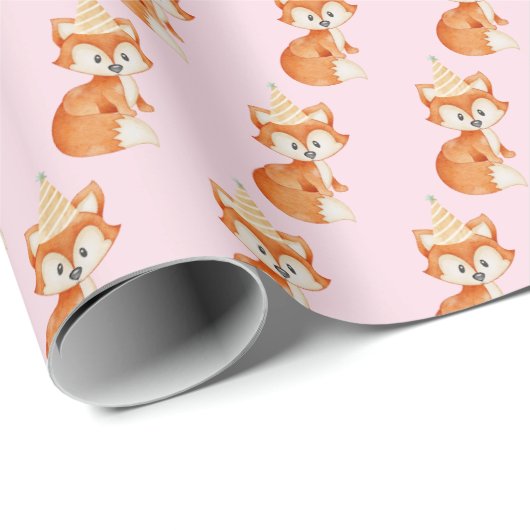 Niedlich Fox Woodland Party Happy Birthday Pink Geschenkpapier (Rolleneckpunkt)
