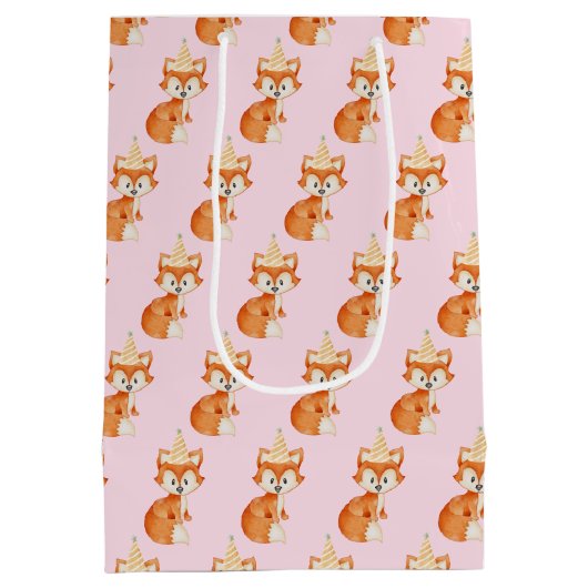 Niedlich Fox Woodland Party Happy Birthday Pink Mittlere Geschenktüte (Rückseite)